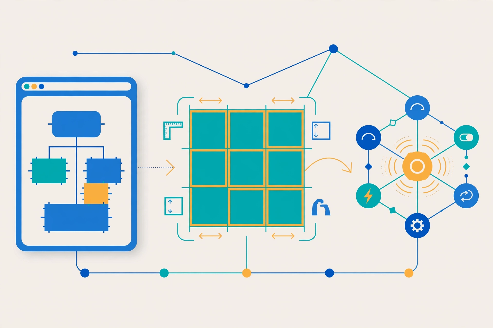 Illustration of HTML structure, CSS layout, and JavaScript interaction panels