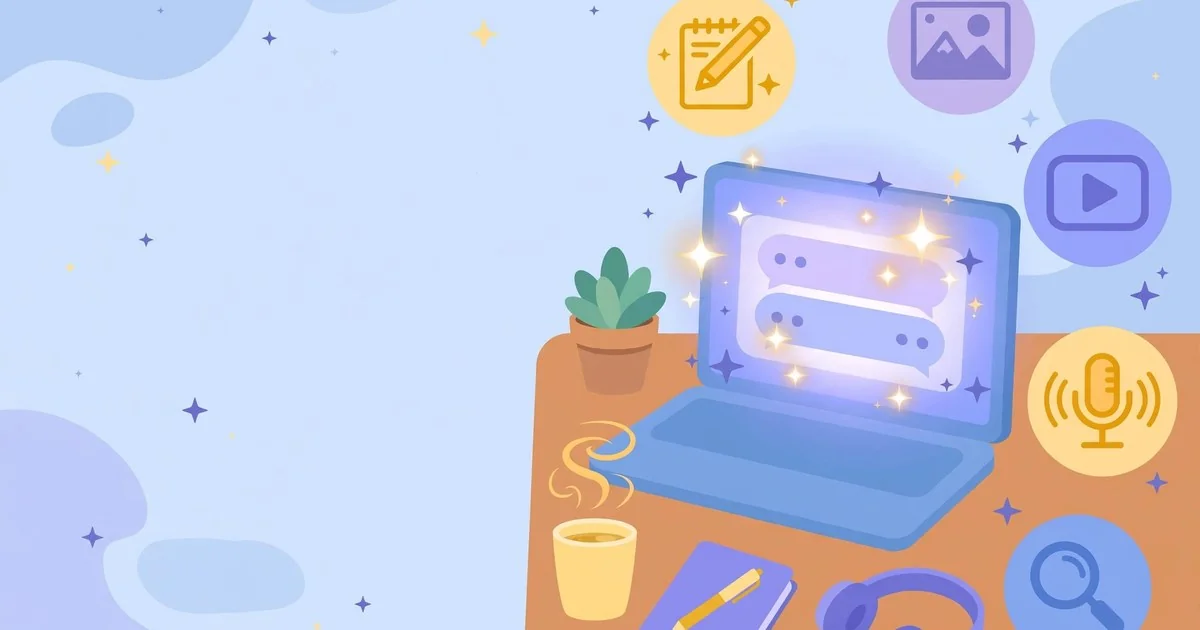 Illustration of a beginner using easy AI tools for writing, images, video and research