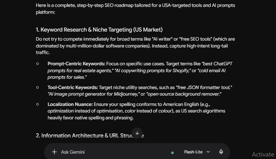 Screenshot of Gemini drafting a step-by-step SEO roadmap
