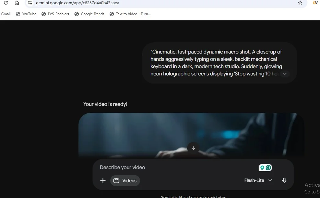 Screenshot of generating a video in Gemini from a written prompt